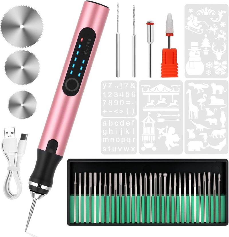 Timntts Electric Engraving Pen with 37 Bits, USB Rechargeable Cordless Etching Engraving Tool, Portable DIY Rotary Engraver for Jewelry Wood Glass Stone Carving (Rose Red) - Image 1